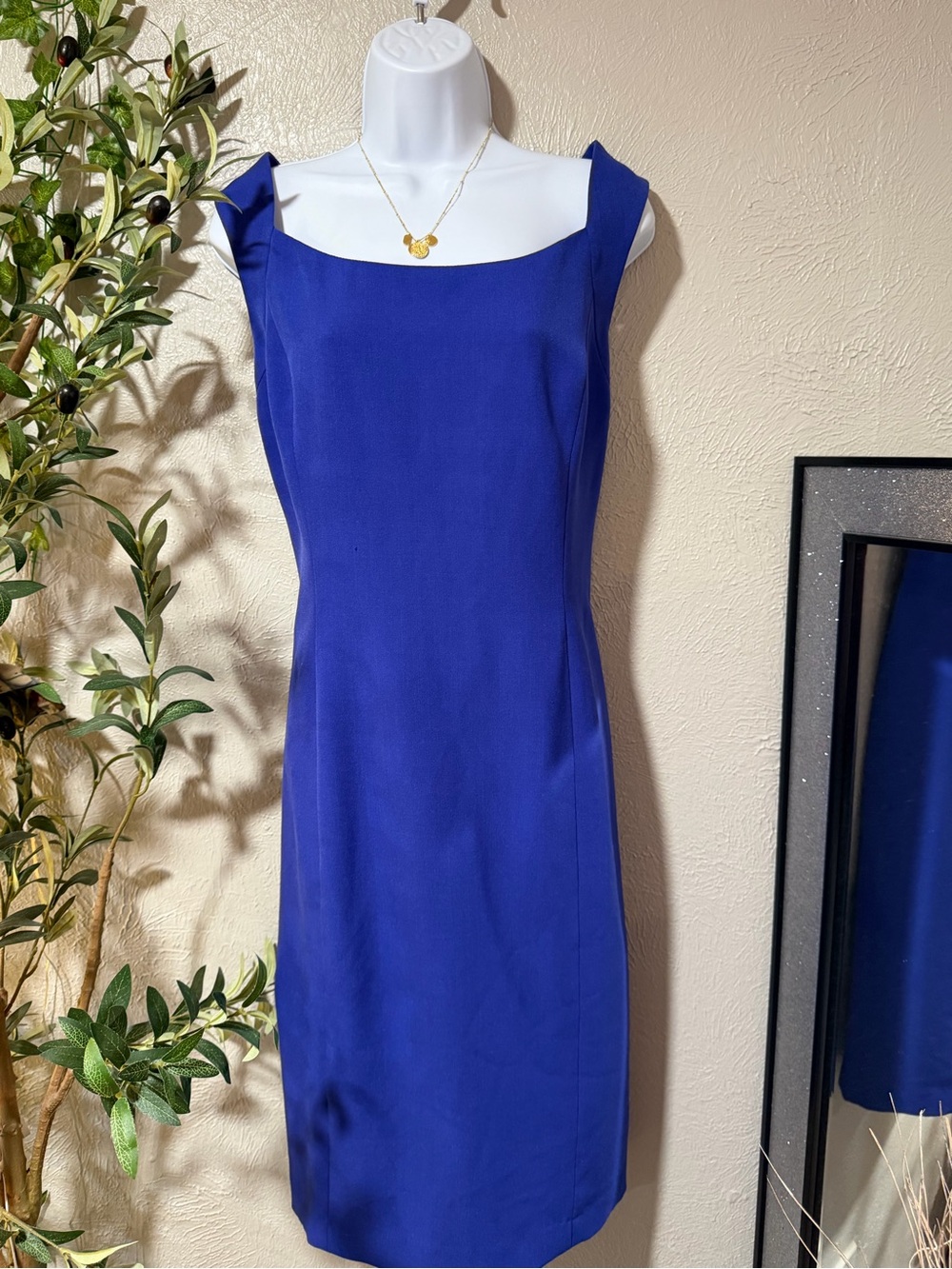 Kasper Royal Blue Square Neck Sheath Midi Dress